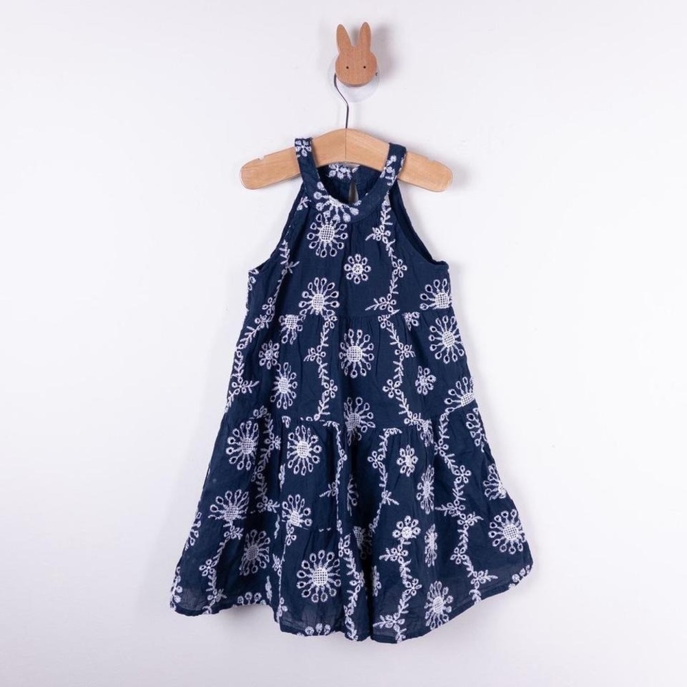 Vignette Tiered Dress Kids 4Y Navy Blue Floral Embroidered Halter Cotton